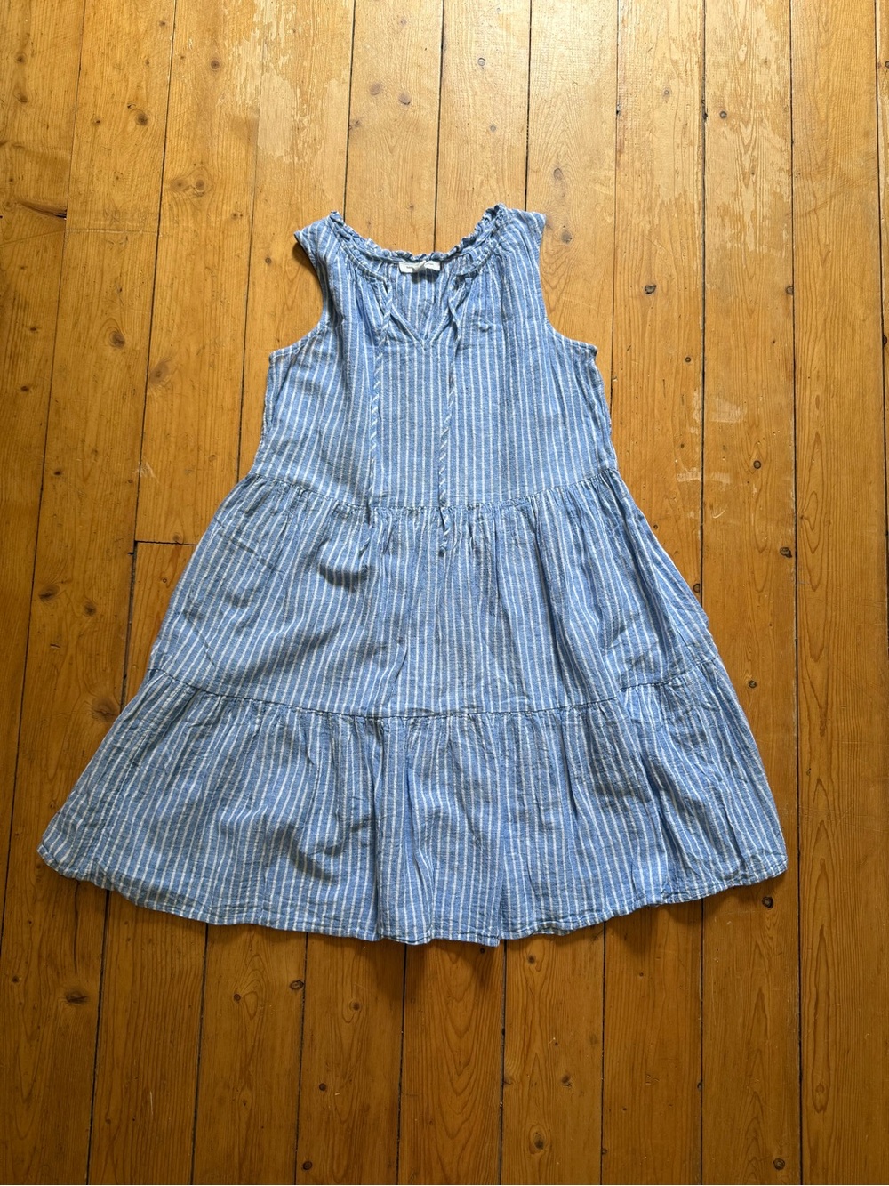 Blue Stripe Sleeveless Tiered linen mini Dress